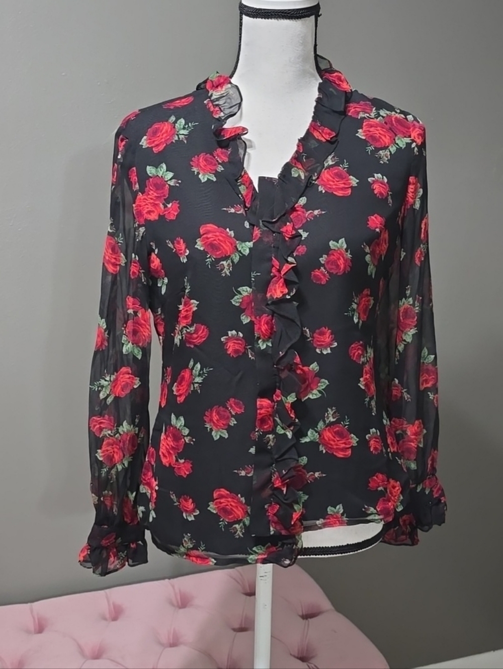 Vintage Laura Ashley Y2k Ruffle Rose Blouse Size 8 - Picture 2 of 10